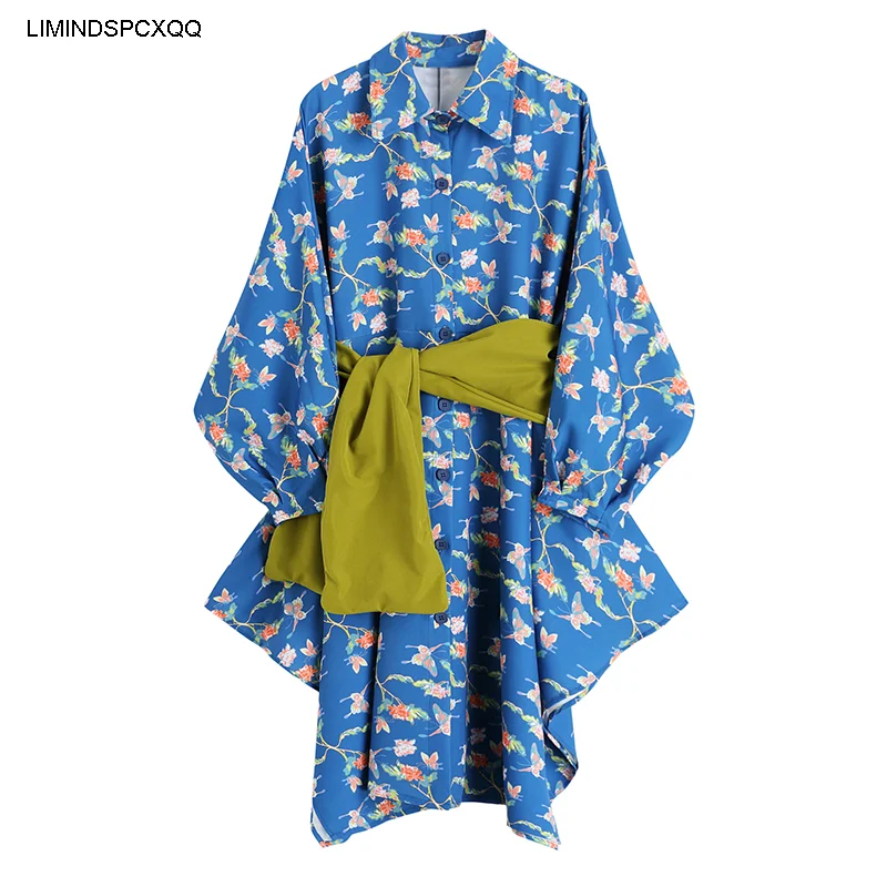

2021Fashion Trendy Women Retro Printing Irregular Shirt Skirt Belt Spring New High Waist Slim Dress