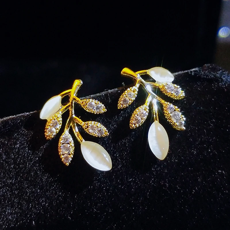 

Trendy Exquisite 14k Real Gold Unusual Opal Leaf Earrings for Women High Quality Jewelry Bling AAA Zirconia S925 Silver Needle