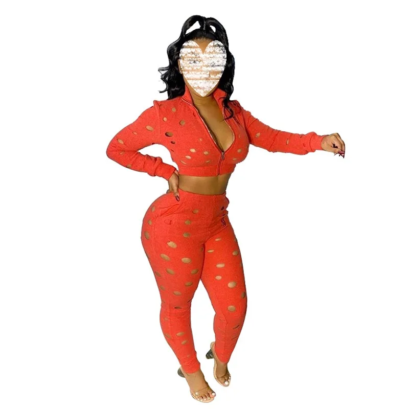 

Women Sets Summer Tracksuits Hole Zipper Top+Pants Suit Two Piece Set Sporty Casual Night Club Party Overall Outfits