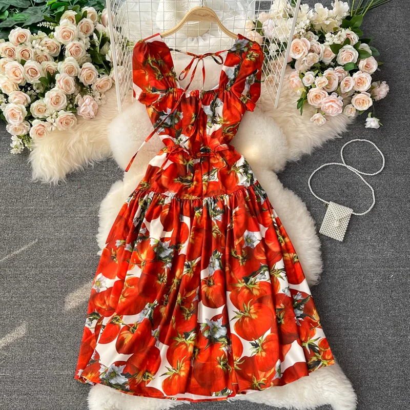 

Elegant Square Collar Short Sleeve Women's Print Vintage Runway Summer Dress 2021 Fashion Backless Midi Party Robe Femme Casual