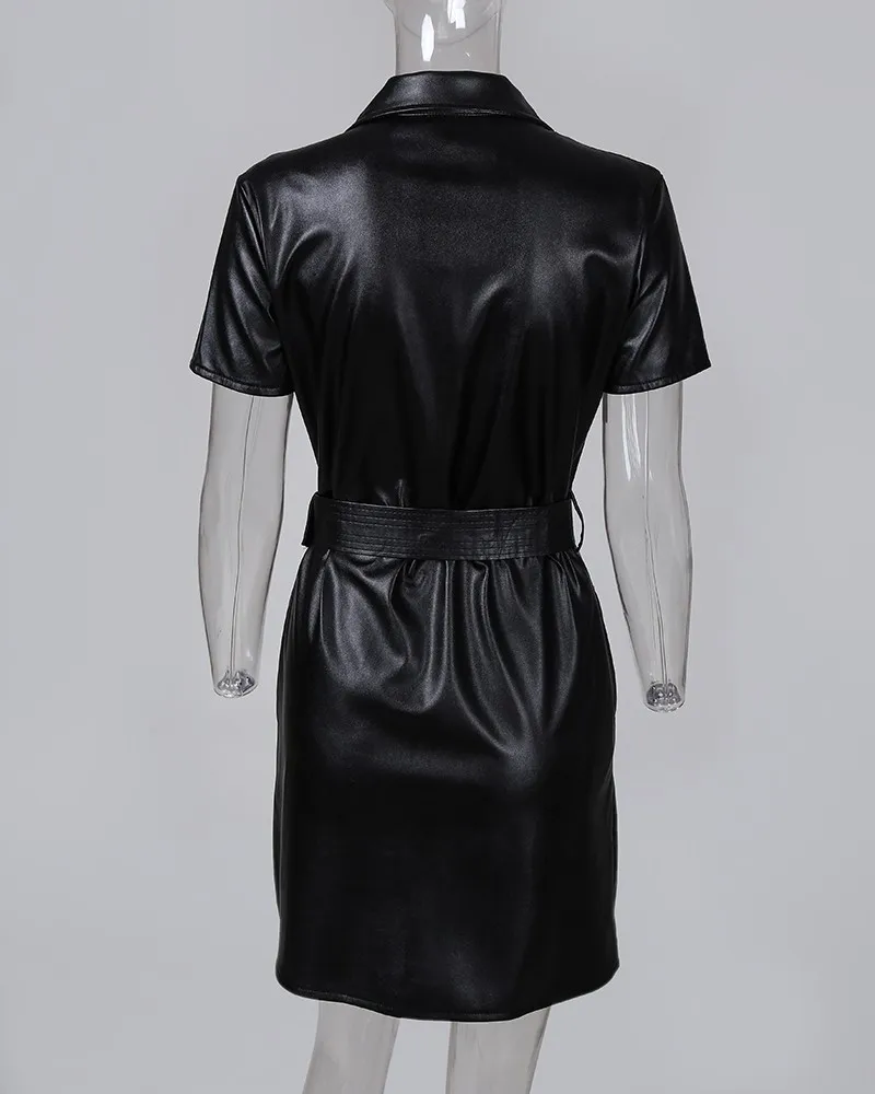 Однотонное женское платье с поясом и коротким рукавом платье-рубашка отложным