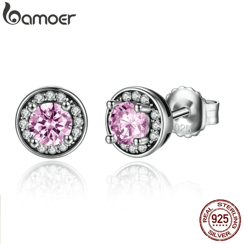 BAMOER, Новое поступление, 925 пробы, серебряный, розовый камень, Круглый, пуш-ап, серьги-гвоздики для женщин, модное ювелирное изделие, SCE023-1L