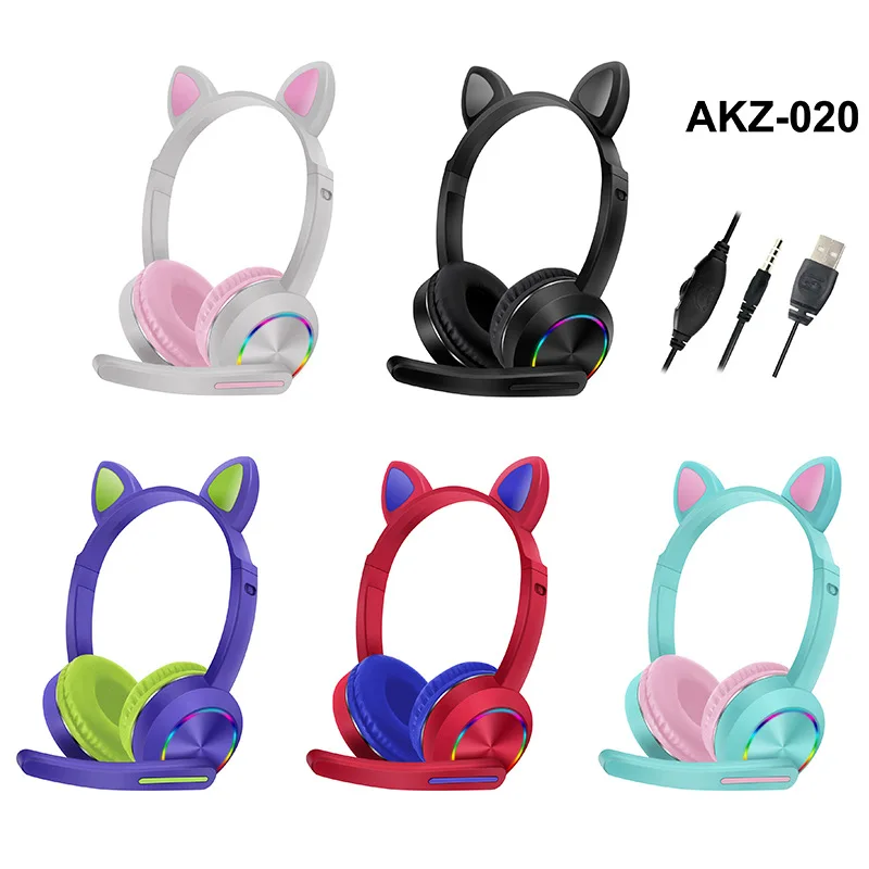 

Gaming Headsets Gamer Headphones Surround Sound Stereo Cat Ear LED Mic For Kids Girls Earphones Cute 3.5mm Headset HD Microphone