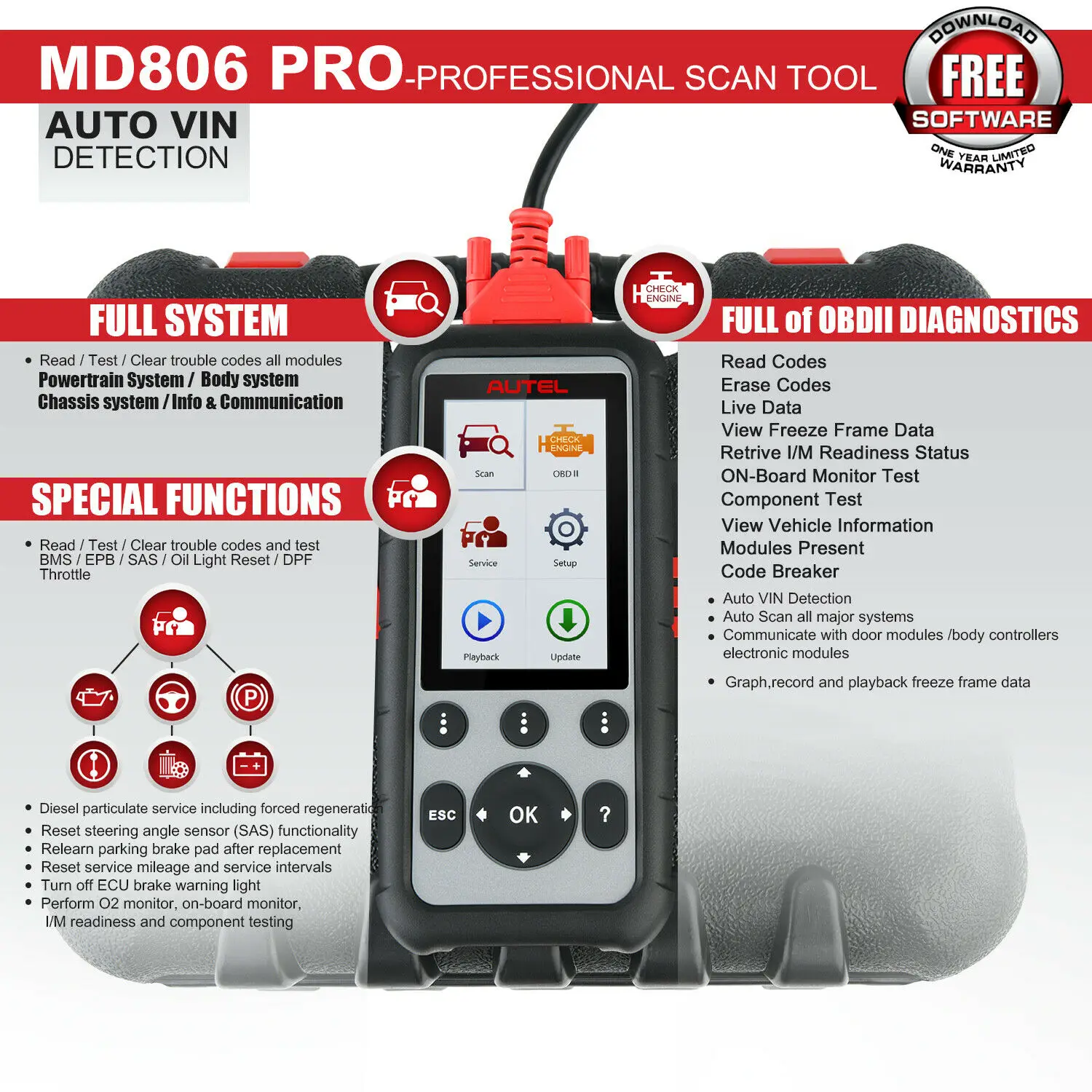 Диагностический сканер Autel MaxiDiag MD806 Pro Obd2 инструмент для диагностики автомобиля