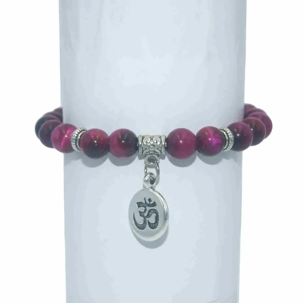 Rose red Tiger Eye 8 мм натуральный камень Ом бусины лазурит Агаты бусины с тигровым глазом браслеты для женщин мужчин Йога чакра мала Шарм браслет ювелирные изделия - Окраска металла: Rose red Tiger Eye