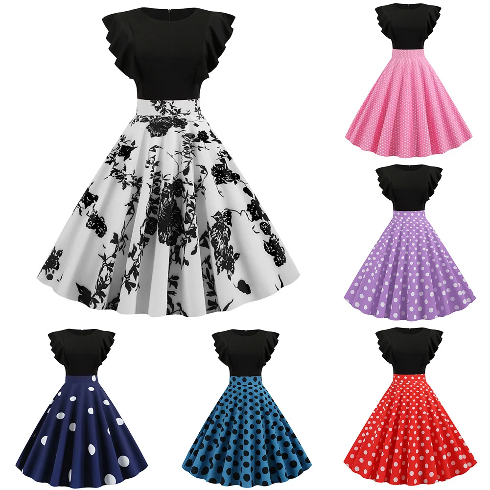 Женское платье в горошек с цветочным принтом летающим рукавом повседневное