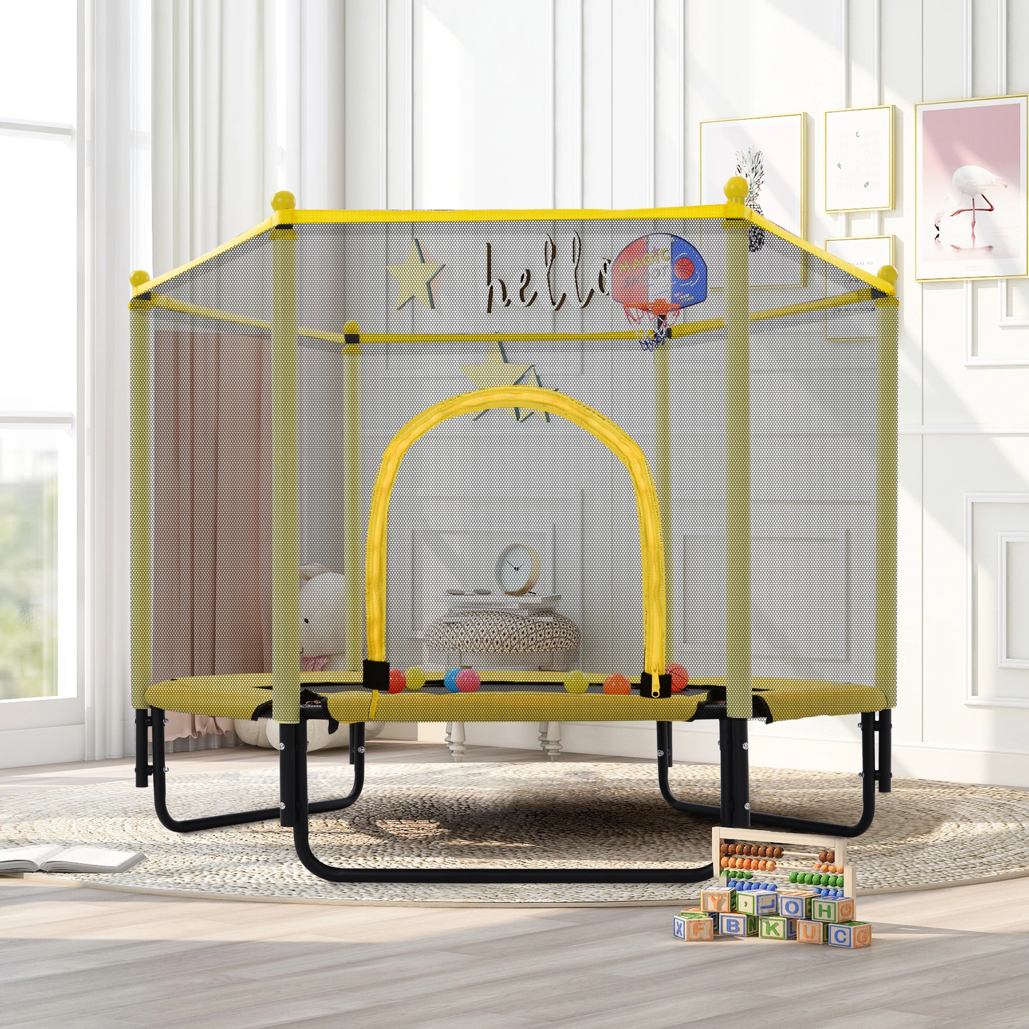 

5FT Trampoline with Safety Enclosure Net, Outdoor & Indoor Mini Toddler Trampoline with Basketball Hoop, Yellow