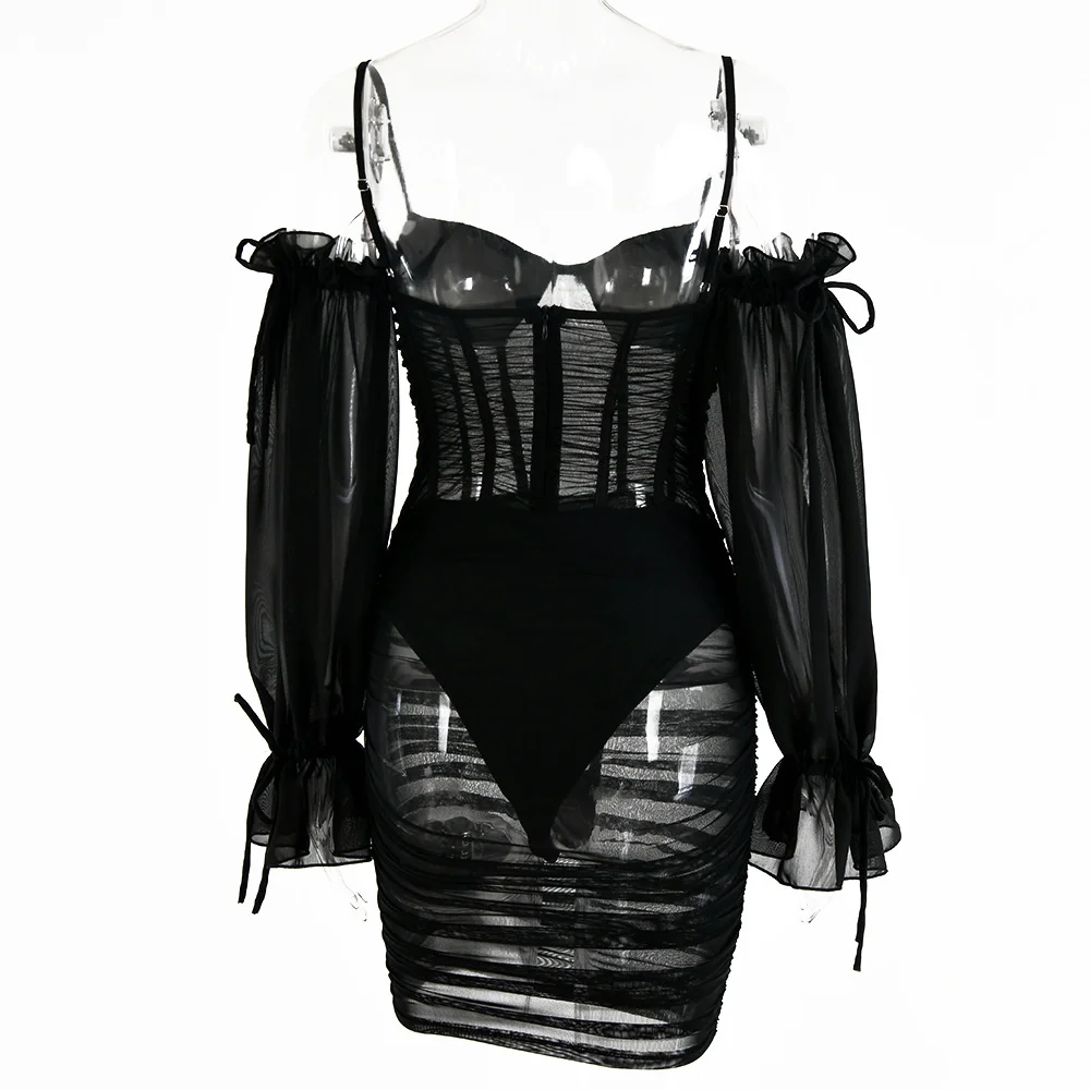 

Giyu Night Club Party Dress Women 2021 Sexy Mesh Spaghetti Strap Summer Autumn Dresses Backless Mini Bodycon Ruched Vestidos