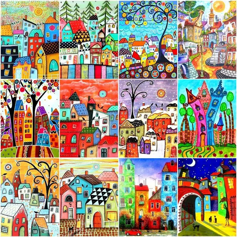 

GATYZTORY Painting By Number Multicolour House Drawing On Canvas HandPainted Art Gift DIY Pictures By Number Abstract Home Deco