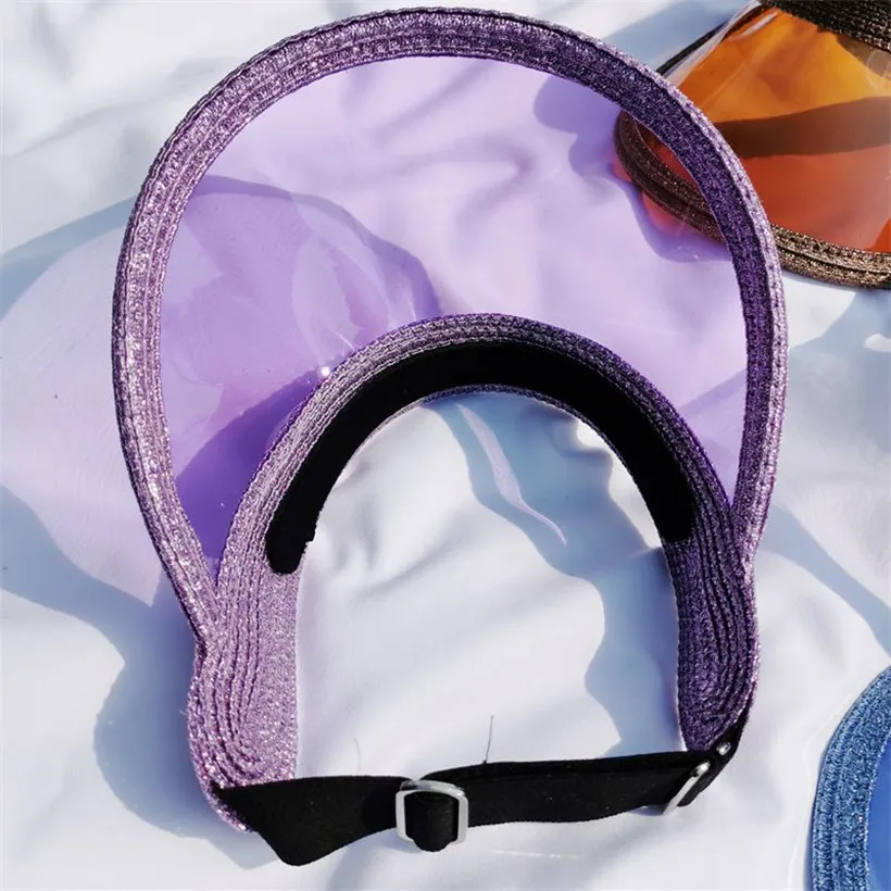 

2020 New Sun Hat Women Candy Color Transparent Topless Plastic Sunshade Hat Lurex Straw Clear Visor Cap Outdoor Sport