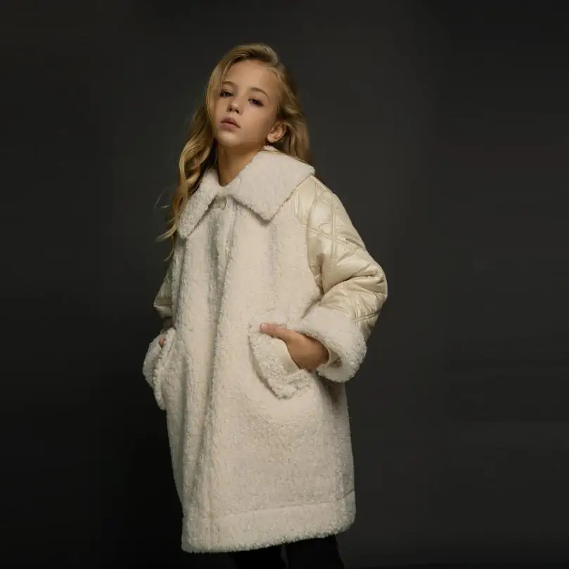 beige white Зимняя модная брендовая детская шуба из искусственного меха ягненка, толстое теплое Стеганое пальто из искусственного меха, Детская куртка Modis, пальто - Color: beige white