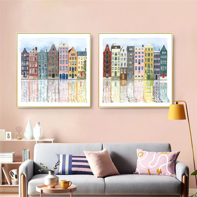 

Watercolor wall canvas painting poster of old colorful building print living room art wall picture