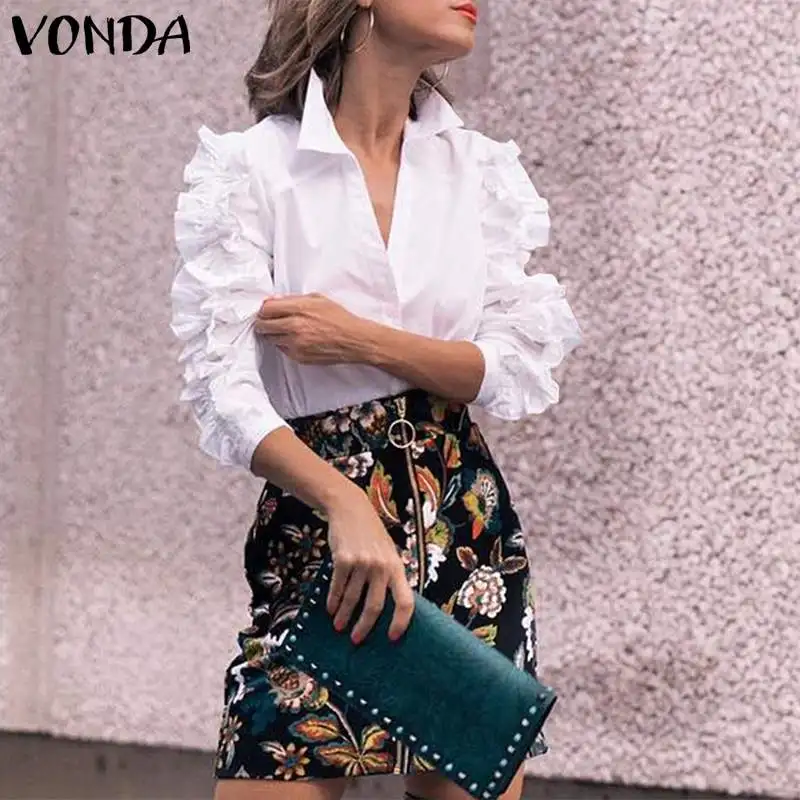 VONDA женские блузки и топы повседневные рубашки с отложным воротником длинным