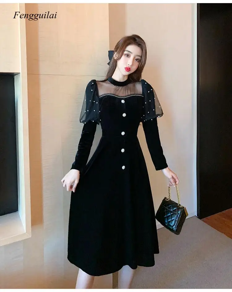 

2021 Vintage French Literary Girl Sweet Dress Sexy Black Mesh Patchwork Lace Design Gentle Woman Elegant Offiec Lady Midi Dress