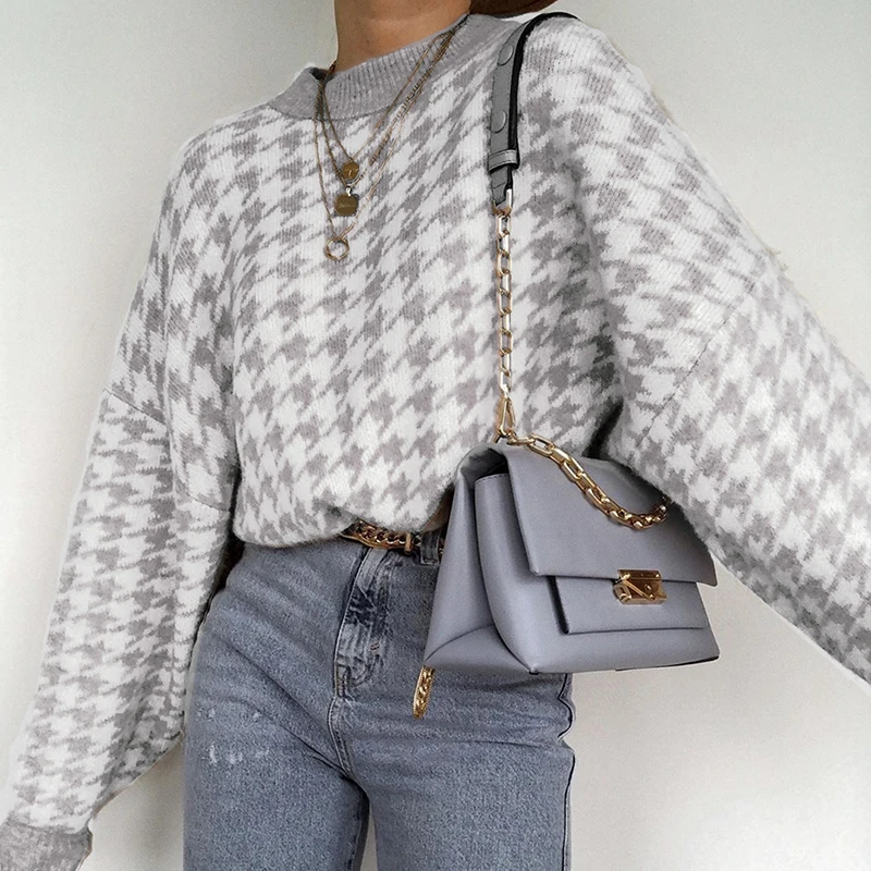 

Women geometric khaki knitted sweater women casual Houndstooth lady pullover sweater female Autumn winter retro jumper