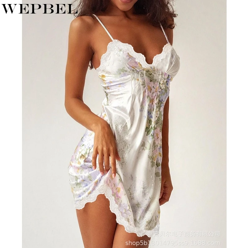 

Модное пижамное платье WEPBEL с V-образным вырезом, женское облегающее платье с принтом и плиссированной строчкой, кружевная ночная рубашка на ...