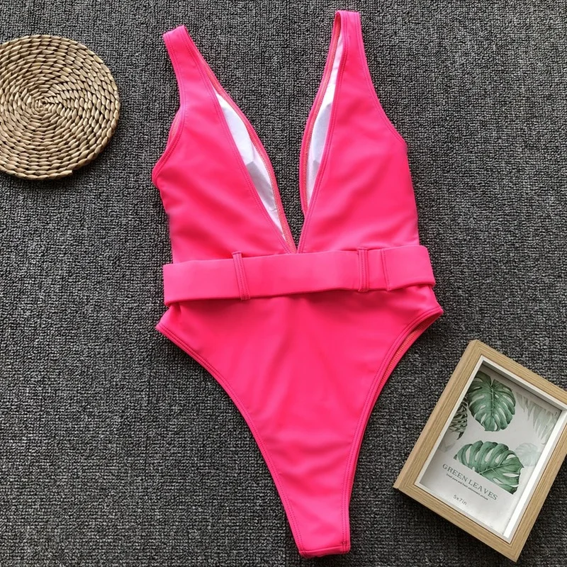 

2021 Sexy Deep V Neck One Piece Swimsuit With Belt Swimwear Women Push Up Monokini Bodysuit Bather Bathing Suit Summer Beachwear