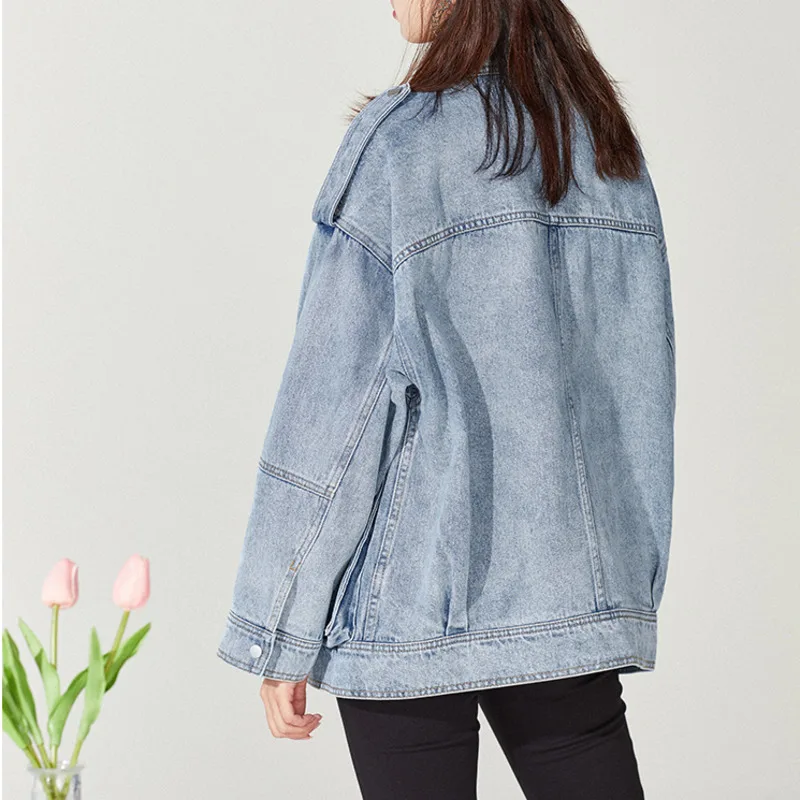 

XUXI Autumn 2020 Women Cowboy Coat Long Sleeve Splicing Turn-down Collar Fashion Korean Loose Streetwear Femme Clothes FZ3182