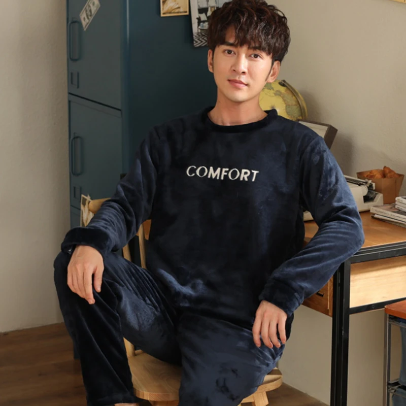 Зима 2021 толстые теплые синие фланелевые пижамные комплекты для мужчин одежда сна