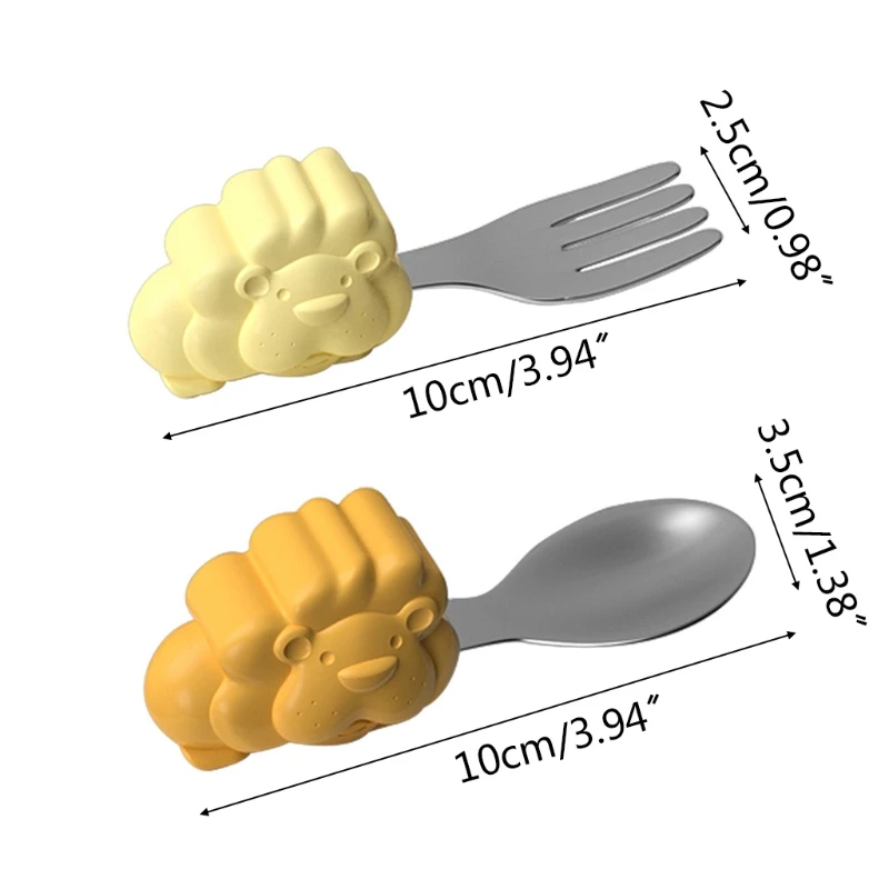 

2 Pcs Cartoon Animal Baby Stainless Steel Spoon Fork Set Soft Silicone Teether Toys Anti-slip Learning Training Feeding Utensils