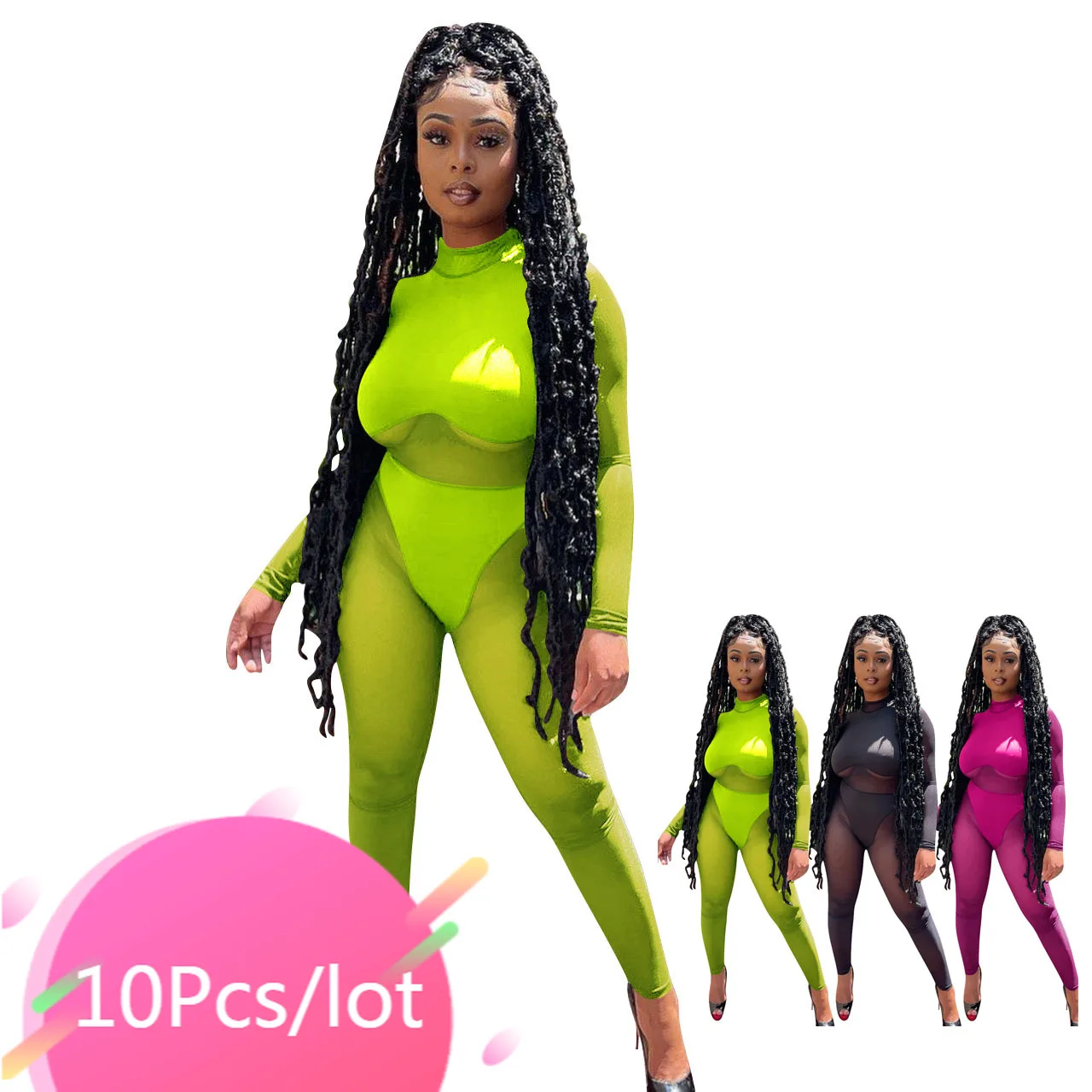 

Bulk Items Wholesale Lots Sexy Mesh Sheer Jumpsuits Women Solid See Through One Piece Outfits Night Party Clubwear for Women