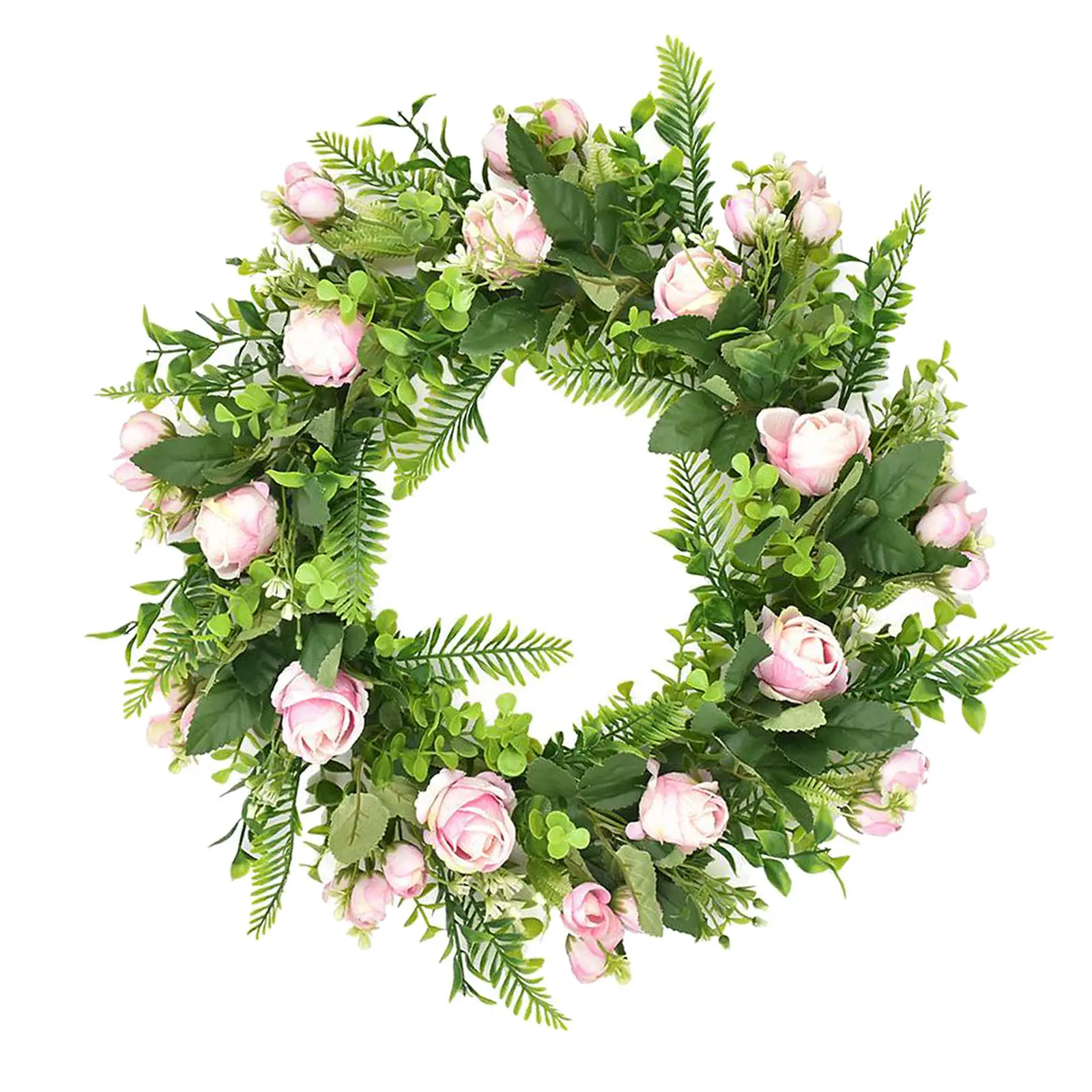

18 inch Artificial Spring Wreath Pink Roses Floral Wreaths for Front Door Wall Wedding Party Home Decoration Mother's Day Gift