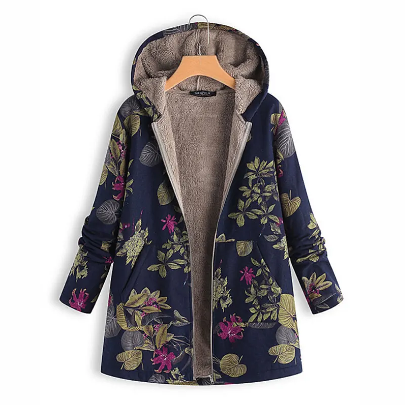 navy blue Женская куртка, пальто с капюшоном, цветочный принт, с капюшоном, с карманами,, зимняя верхняя одежда, флис, мех, теплая, Ретро стиль, большие размеры, пальто, женские парки - Цвет: navy blue