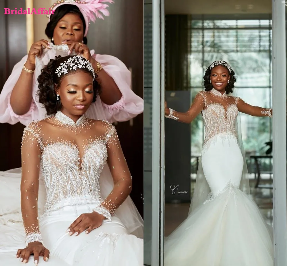 

Женское свадебное платье с юбкой-годе, платье с длинным рукавом и высоким воротником, расшитое бисером, свадебное платье невесты, индивидуа...