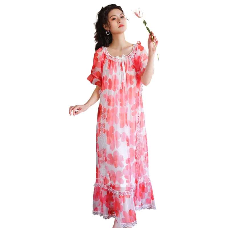 

Short sleeve nightdress women's summer palace style Princess mesh lace printing long style outdoor home wear pajamas spring