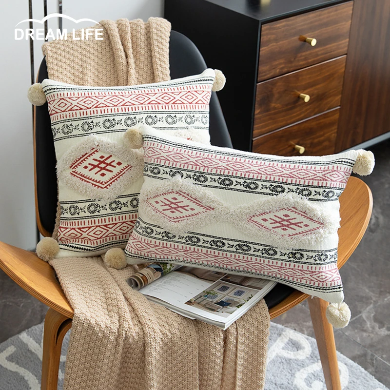 

Boho Style Cushion Cover 45x45cm Cotton Woven Pillow Cover Tassels Pompom for Home decoration Sofa Bed Living Room Bed Room
