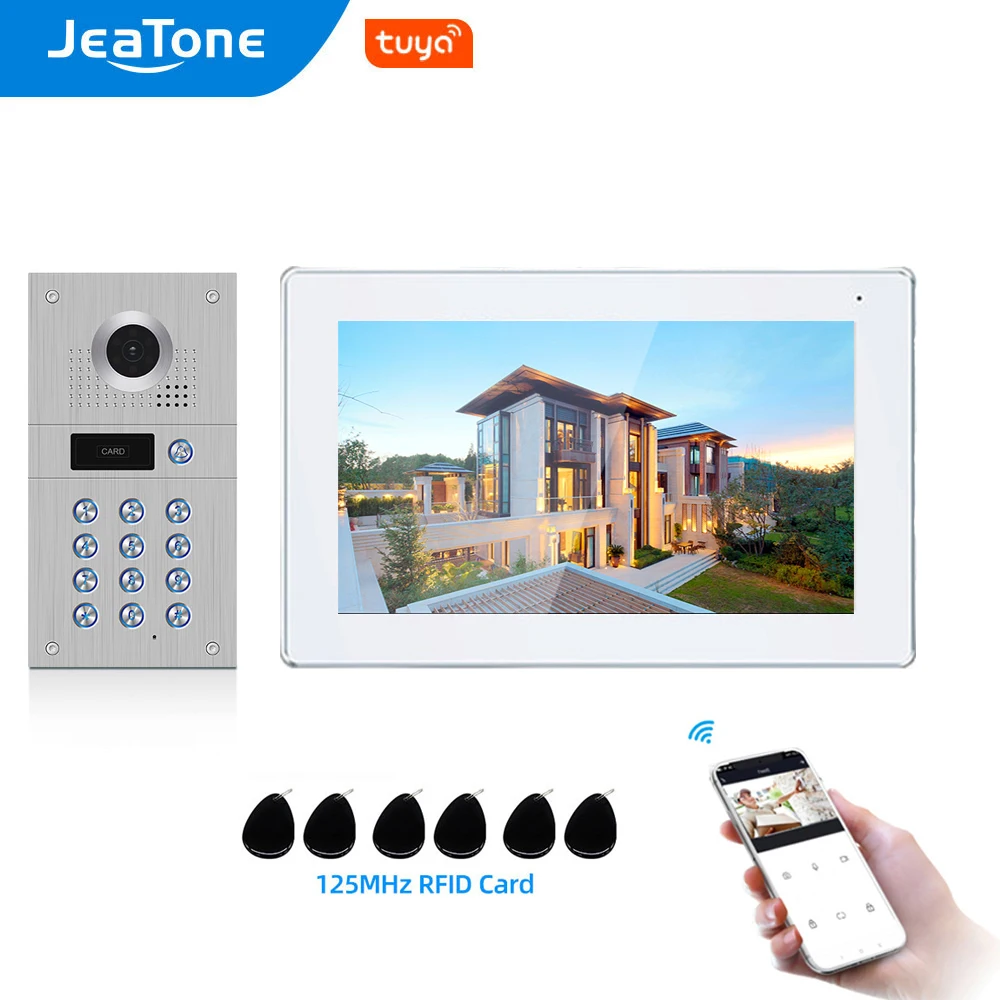 

Jeatone 10 Inch Tuya Wireless WiFi Video Door Phone Intercom 2 Touch Screen Monitors with 1080P Doorbell Code Keypad(RFID card)