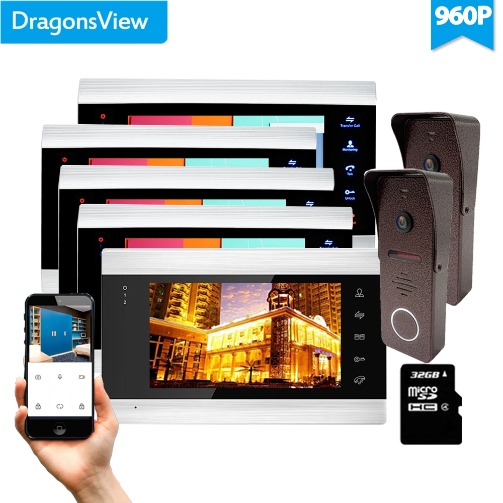 Dragonsview 7 Inch Wifi Wireless Video Door Phone Doorbell Intercom System 5 /6 Monitors 1/2 Outdoor Station 960P AHD Mobile App