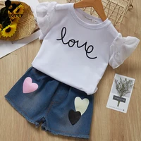 two piece girls clothing sets summer 2022 baby girl letter print short sleeve t shirts with heart denim shorts clothes suit