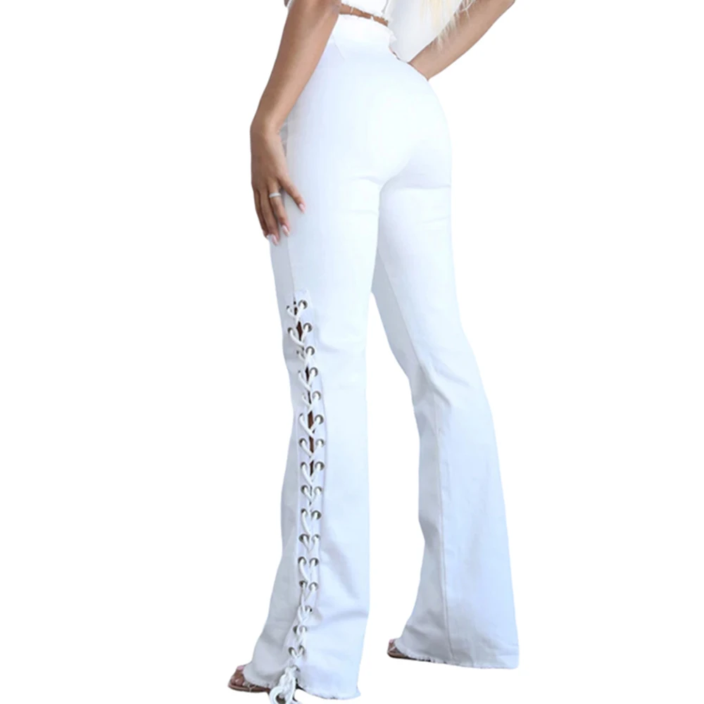 

New Summer Sexy High Waist Hip Side Bandage White Denim Stretch Women Slim Fit Jeans Women Baggy Pants Femme Slit Jeans 2021 #21