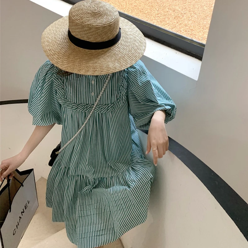 

Fashion Summer Oversized Vintage Puff Sleeve Mini Dress Ladies Elegant Casual Turn-down Collar Stripe Print Loose Shirt Dress
