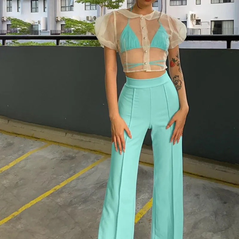 

high quality solid simple high waist Straight pants 2021 woman Leisure street elegant office lady elastic trousers