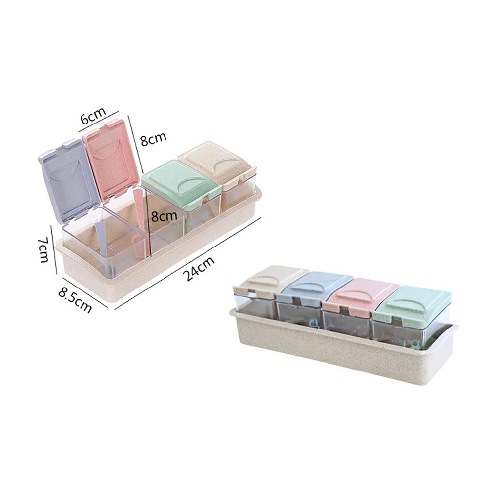 Приправа для хранения коробка Пшеничная солома с ложкой 4 отсеками специй