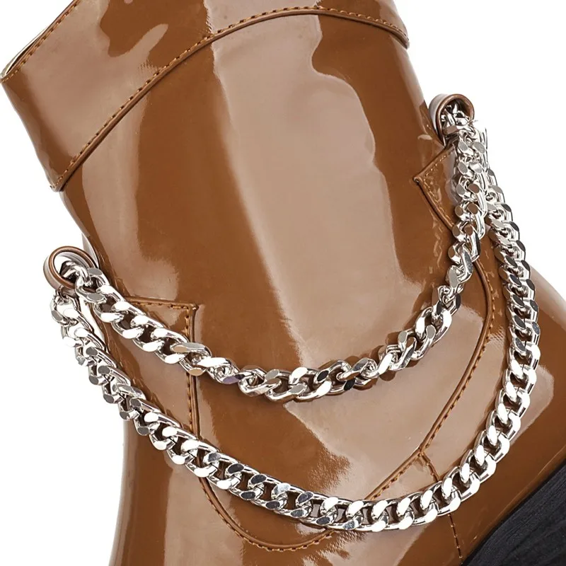 

Women Ankle Boots Autumn Winter New Western Shoes 2020 Trend Round Toe Medium Heels Chain Chunky Booties Lady Plus Size 44 45 46