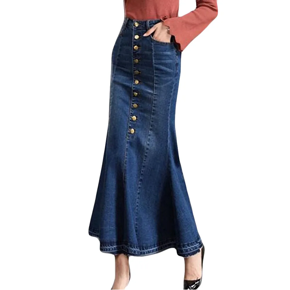 Юбка-макси Женская джинсовая с завышенной талией модная Макси-юбка пуговицами и