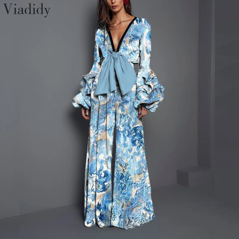 

Комбинезон женский, с длинным рукавом-фонариком, глубоким V-образным вырезом, широкими штанинами, большие размеры 3XL