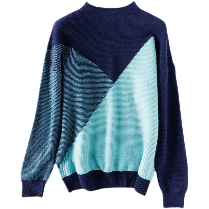 

2021 New Spring Stitching Contrast Color Pullover Sweater Women Casual Loose Knit Sweater Top Round Neck Sweater Women Clothes