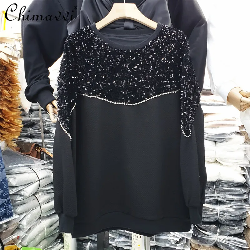 

Женский пуловер с блестками, Черный свитшот с круглым вырезом, Европейский пуловер с капюшоном, осень 2021