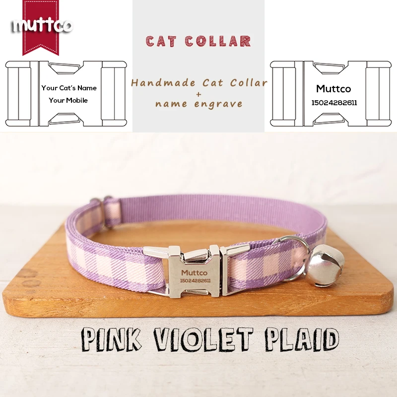 

MUTTCO Retailing engraved comfortable self-design personalized cat collars PINK VIOLET PLAID handmade collar 2 sizes UCC101