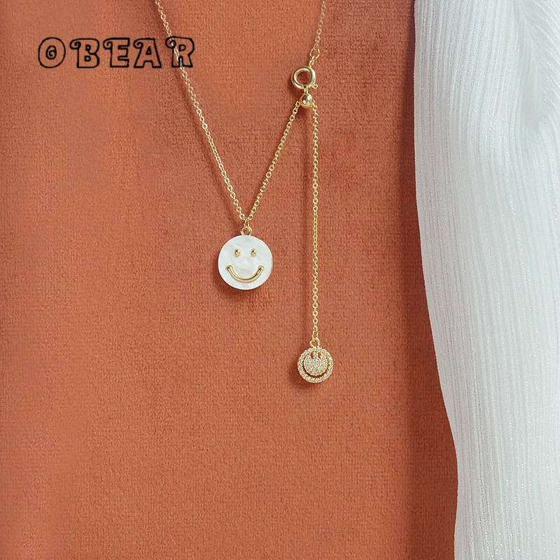 

OBEAR 14k Real Gold Plated Nordic Smiling Face Crystal Pendant Necklace Women Creative Temperament Wedding Jewelry