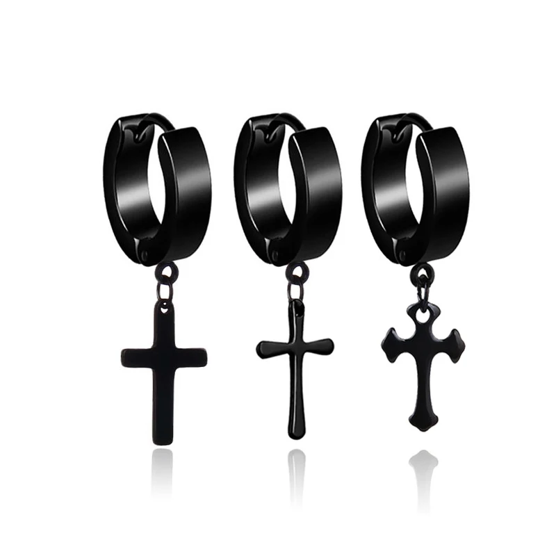 

Punk Men Cross Drop Earrings Stainless Steel Fashion Black Stud Earrings for Women Pendant Ear Decoration 2022 Kolczyki Damskie