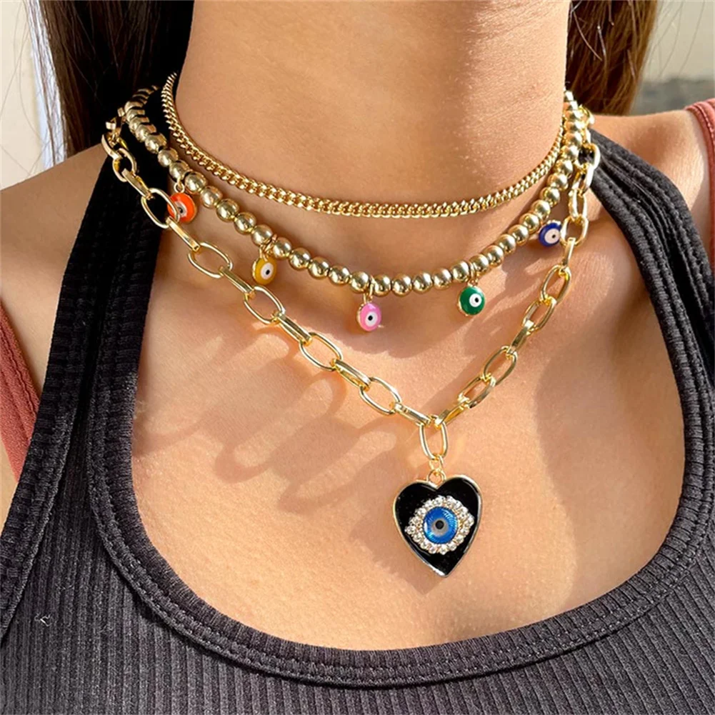 

New Heart Blue Evil Eye Pendant Necklace For Women Multilayer Colorful Eyes Golden Beads Chokers Chain Necklace Fashion Jewelry