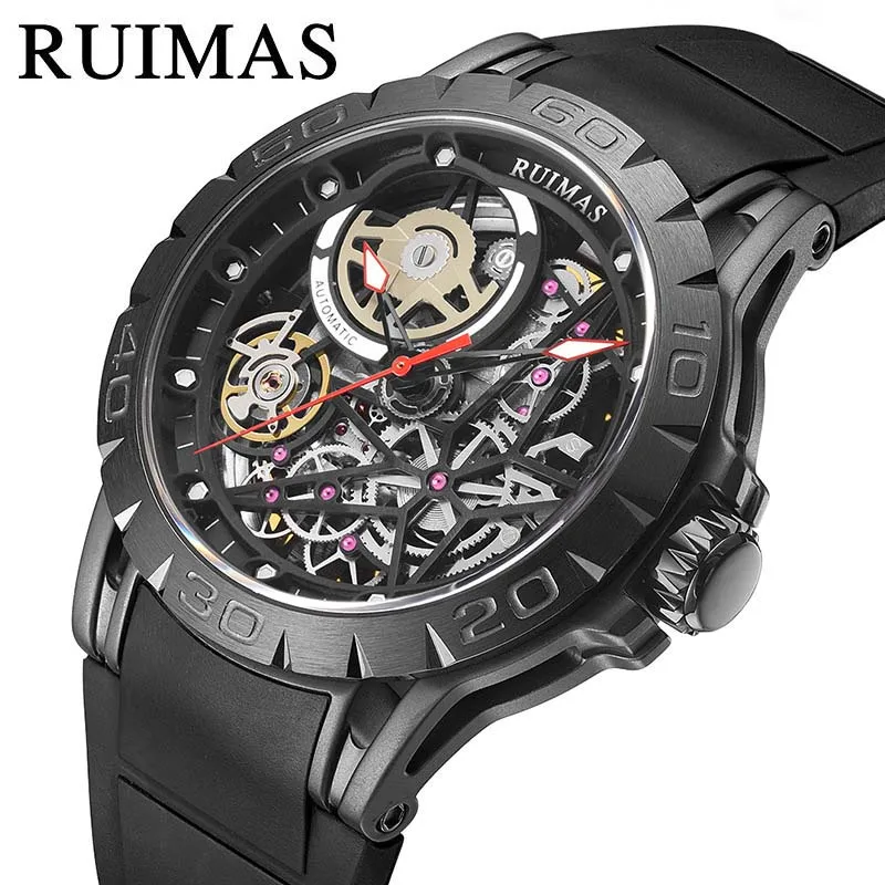 

RUIMAS Casual Sapphire Crystal Mirror Man's Wristwatches Waterproof 50M Automatic Mechanical Hollow-carved Watch Men Luminous