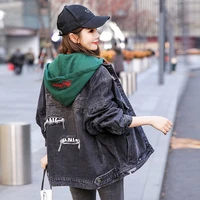 ladies korean loose hooded denim jacket new style ripped embroidered thin black jacket top trend