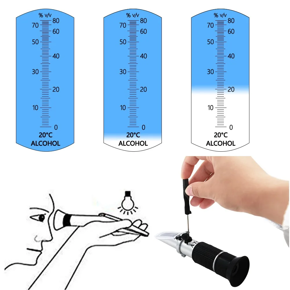 

0-80% Alcohol Refractometer ATC Spirits Tester Alcoholometer Adjustable Manual Focusing Aluminum Alcohol Concentration Meter