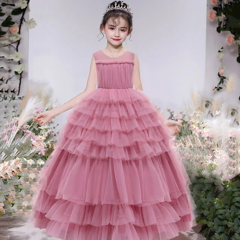 

Kids Girls Wedding Flower Bronzing Girl Dress Elegant Princess Party Formal Long Dress Tulle Lace Dress For 4- 14 Years